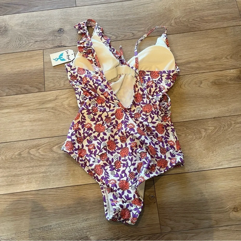 NWT Sea Angel Medium One Piece Swimsuit V-neck Ruffle Meadow Flora Pink Flowers